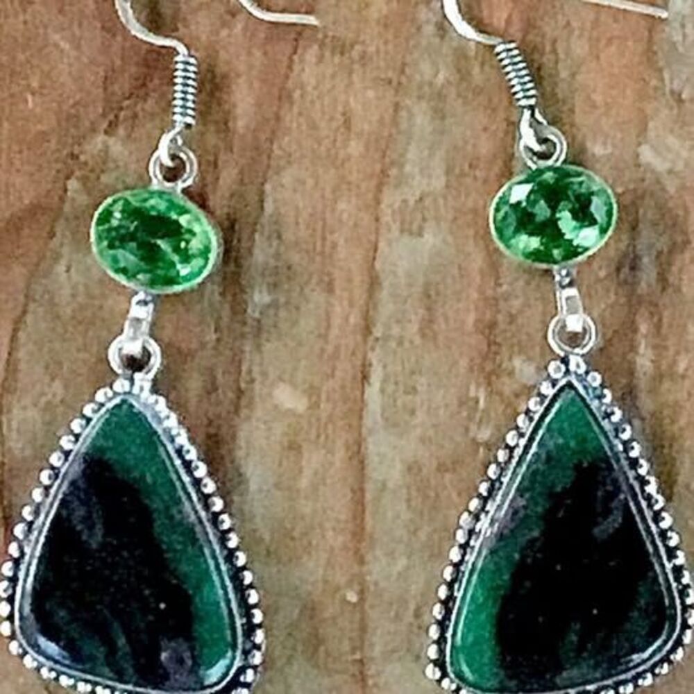 Forest Jasper Green Gemstone Dangle Earrings Boho Goblincore Whimsigoth